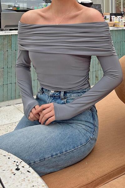 Swist Γκρι Fels Draped Madonna Collar Open Shoulder Γυναικεία Μπλούζα