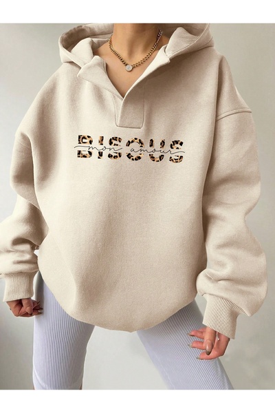 Deocept Hanorac oversize unisex, bej, cu decolteu în V, cu glugă