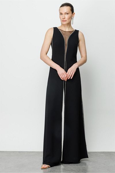 Moda İlgi Modailgi Jewelled Striped Jumpsuit Black