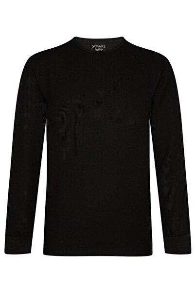 SÜVARİ Süvari O Yaka Uzun Kol Siyah Waffle Desenli Slim Fit Erkek Triko