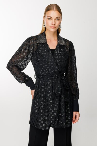 Moda İlgi Modailgi Yakası Taşlı Simli Puantiyeli Uzun Organze Tunik Siyah