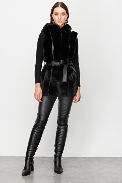 Moda İlgi Modailgi  Kapüşonlu Kürk Yelek Siyah