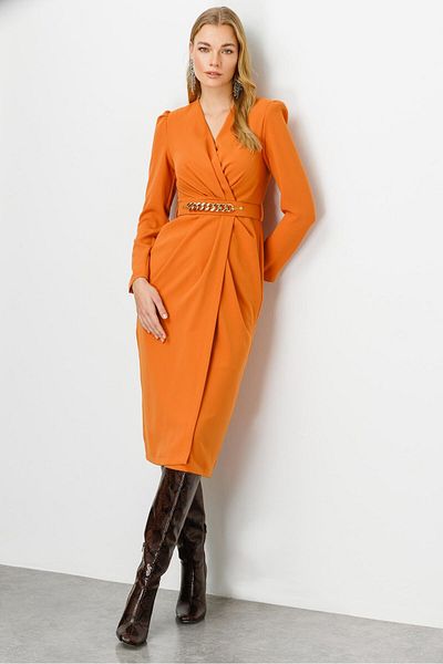 Moda İlgi Modailgi Double-breasted Belted Midi Dress Orange