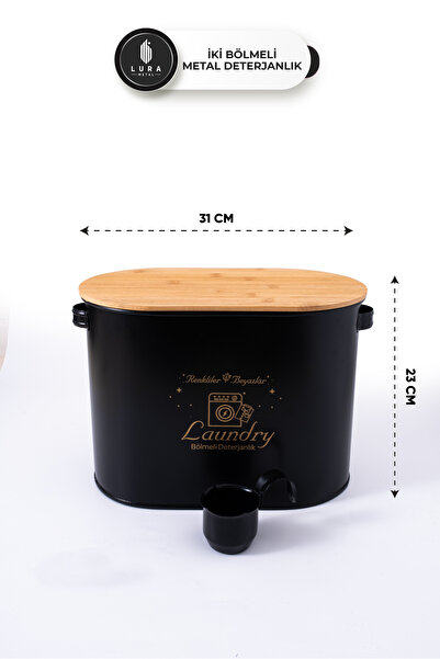 Lura Metal İki Bölmeli Bambu Kapaklı Siyah 12 lt Metal Tablet Deterjan Saklama Kutusu - Banyo Düzenleyici