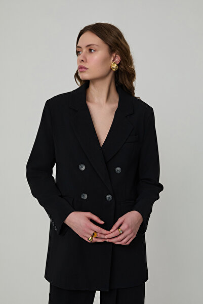 Quzu Button Detailed Double Breasted Collar Oversize Blazer Jacket Black