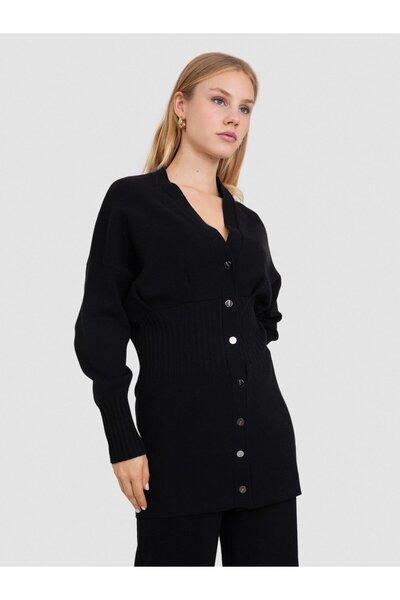 Serianno Organik Pamuk Karışımlı Fitilli Düğme Detaylı Hırka HRK7296SIYAH