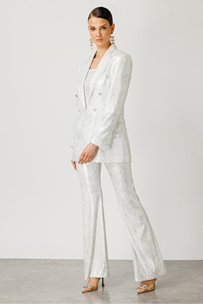 Moda İlgi Ecru Sequin Jacket - Mono Collar and Button Detail