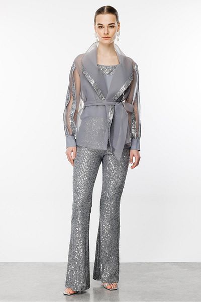 Moda İlgi Silver Colored Shawl Collar Organza Tunic - Modailgi