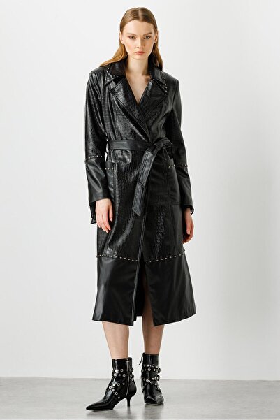 Moda İlgi Modailgi Krokodil Desen Zımba Detaylı Deri Trenç Siyah