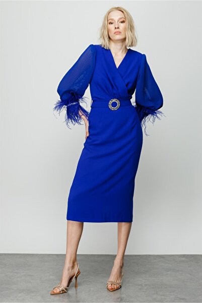 Moda İlgi Modailgi Kolları Pliseli Manşeti Otrişli Uzun Elbise Saks