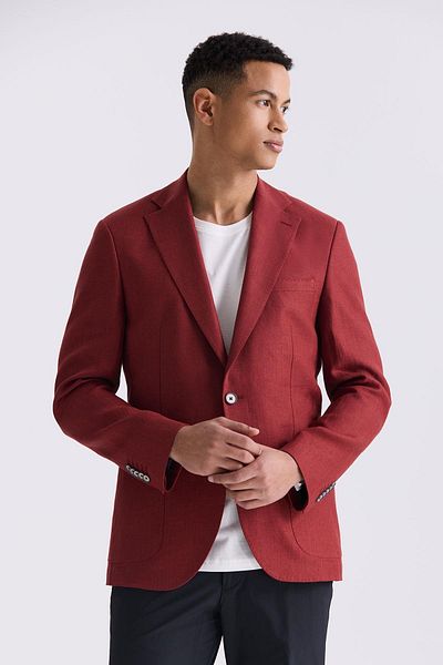 Jakamen Red Slim Fit Mono Collar Linen Sports Jacket