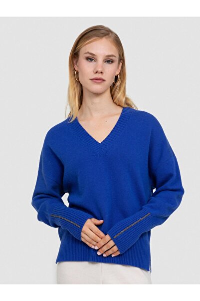 Serianno Yün Karışımlı V Yaka Metalik Şerit Detaylı Kazak KZK7196SAKS