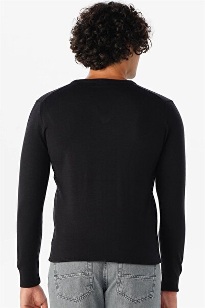 SÜVARİ Süvari Rahat Kalıp Yünlü Düz Lacivert V Yaka Triko