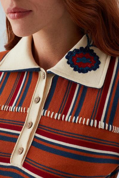 Peraluna Harper Blouse Striped Embroidered Thin Women's Knitwear Blouse - Orange