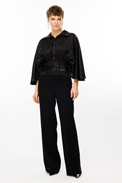 Moda İlgi Modailgi  Yarasa Kol Büzgülü Korsajlı Payetli Bluz - 4600 Siyah