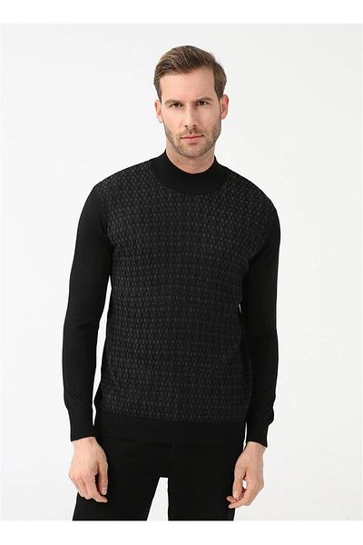 SÜVARİ Cavalry Patterned Black Half Sleeve Turtleneck Men's Knitwear