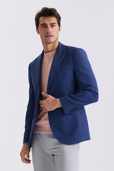 Jakamen Navy Blue Slim Fit Pointed Collar Linen Sports Jacket