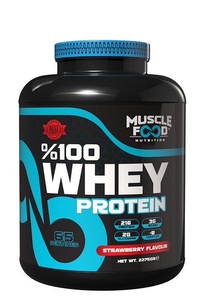 MUSCLEFOOD Strawberry Flavored Concentrate Whey Protein Powder - 2275Gr 65 Servings