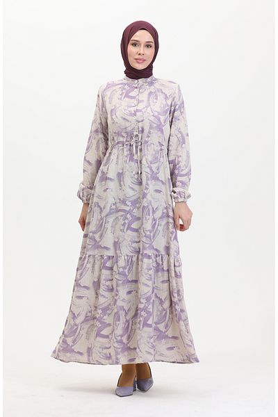 sefamerve Beige Lilac Linen Dress - Front Button and Lace-Up 0520A-02