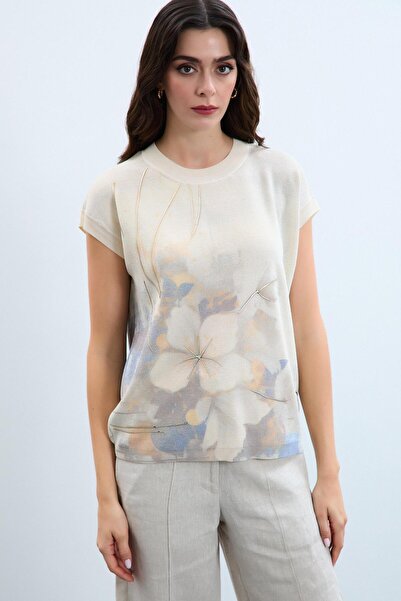 Serianno Çiçek Baskılı Metalik İp Detaylı Kazak