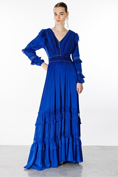 Moda İlgi Saks Blue - Lace Pleated Fashion Dress