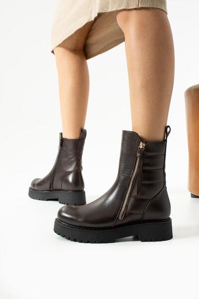 FOLLİNİ Γυναικείες μπότες από γνήσιο δέρμα - Καφέ