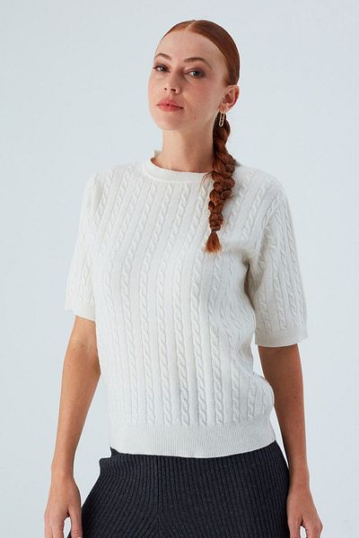 Peraluna Nicole Blouse - Women's Knitwear Ecru Blouse with Braid Hair, Short Sleeve and Cashmere