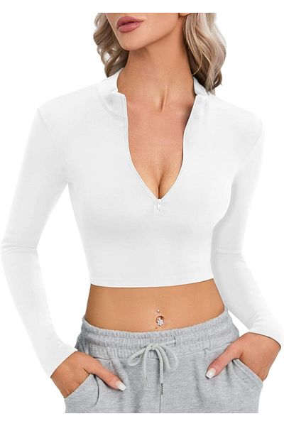 LADY HAZAL Λευκή μπλούζα με μισό φερμουάρ Crop με ραβδώσεις