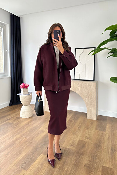 BİRCANÇİL Loresa Burgundy Stamped Bomber Jacket-Skirt Set
