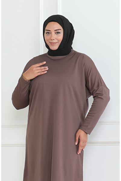 sefamerve Büyük Beden Mevsimlik Rahat Kesim Basic Tunik 8738-01 Kahverengi
