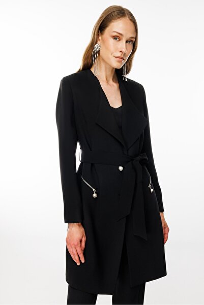 Moda İlgi Modailgi  Şal Yaka Belden Kuşaklı Uzun Ceket Siyah