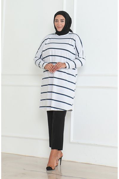 sefamerve Large Size Combed Cotton Relaxed Cut Tunic 8741-01 White