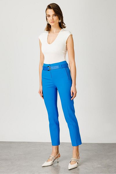 Moda İlgi Pantaloni de costum cu centură cu buzunar din flanel albastru - 7533