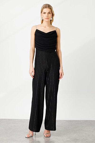 Moda İlgi Modailgi  Degaje Yaka Simli Çizgili Tulum Siyah