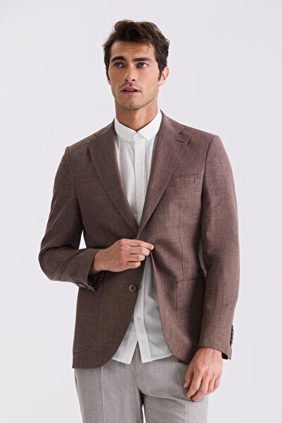Jakamen Kahve Slim Fit Mono Yaka Keten Spor Ceket