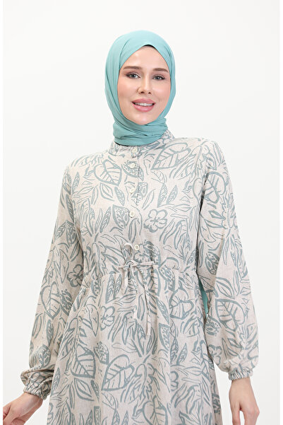 sefamerve Μπροστινό λινό φόρεμα με κορδόνια 0520B-02 Μπεζ Πράσινο Πράσινο