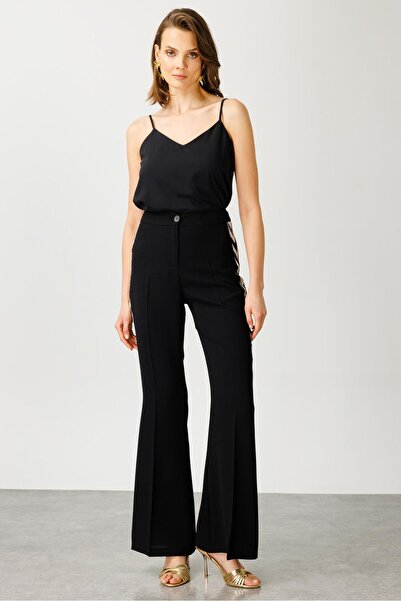 Moda İlgi Modailgi Kenarları Zikzak Desen Şeritli Pantolon - 7565,7566 Siyah