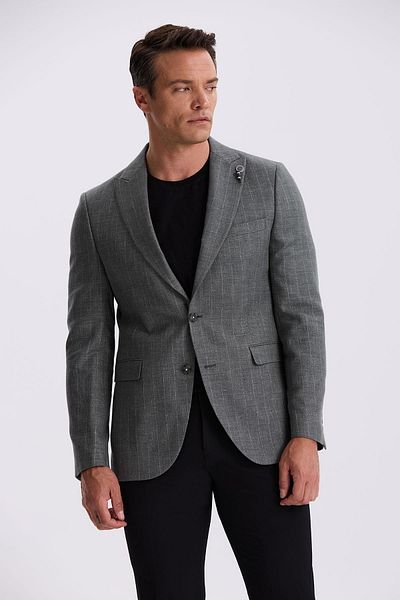 Jakamen Gray Slim Fit Swallow Collar Striped Linen Cotton Seasonal Jacket