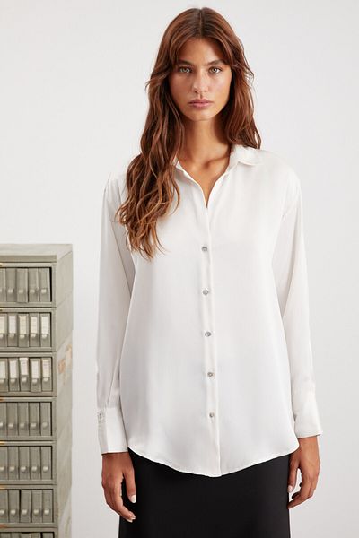 GRIMELANGE Sheila Women's Premium Satin Woven Relaxed Fit Relaxed Fit Long Sleeve Pocketless Ecru Shirt