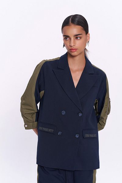 Quzu Match Detailed Sleeve Pocket Blazer Jacket Navy Blue