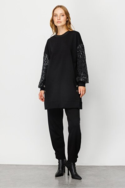 Moda İlgi Modailgi Deri Pul Dantel Detaylı Oversize Tunik Siyah