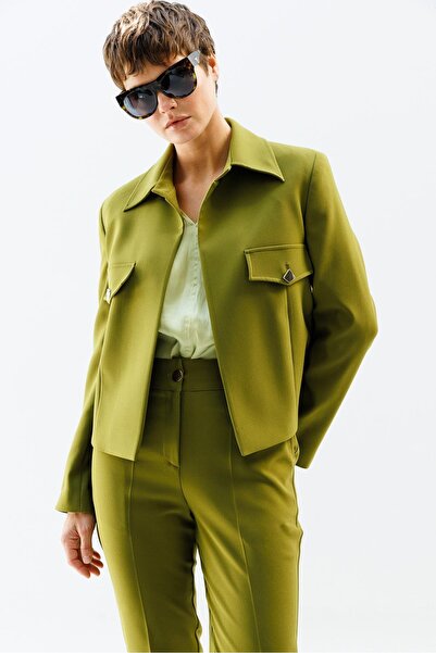 Moda İlgi Modailgi  Pens ve Kapak Detaylı Kısa Ceket Olive