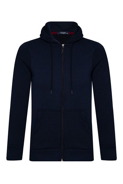 SÜVARİ Navy Blue 3 Thread Hooded Zippered Sweat Cardigan