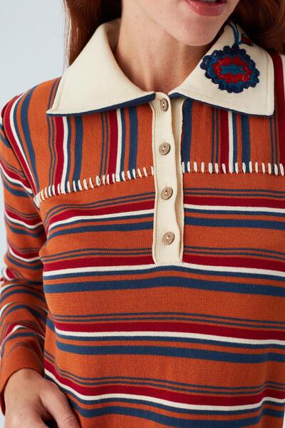 Peraluna Harper Blouse Striped Embroidered Thin Women's Knitwear Blouse - Orange