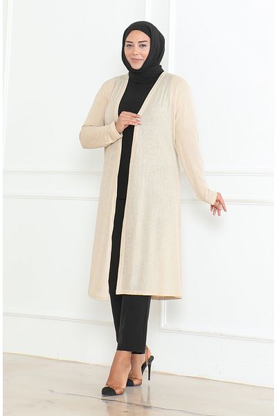 sefamerve Beige Colored Plus Size Long Seasonal Mother Cardigan - 8740-02