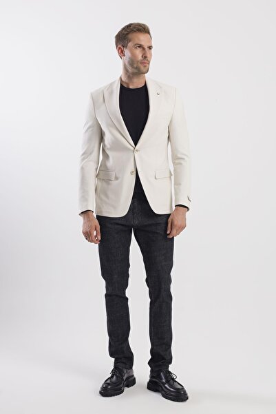 Jakamen Krem Slim Fit Desenli Sivri Yaka Ceket