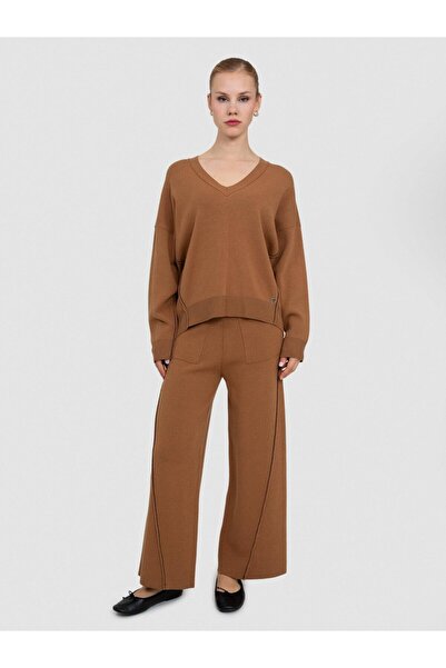 Serianno Şerit Detaylı Yüksek Bel Bol Paça Pantolon Pnt7098camel