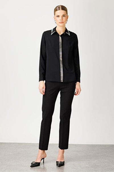 Moda İlgi Modailgi  Yakası ve Önü Taş Detaylı Gömlek Siyah