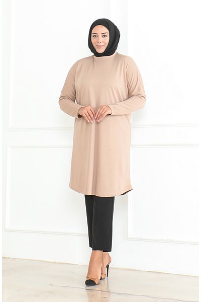 sefamerve Εποχιακό χιτώνα χαλαρής κοπής Plus Size - Milk Coffee 8738-04
