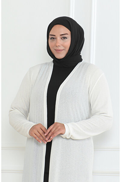 sefamerve Büyük Beden Dökümlü Uzun Mevsimlik Hırka 8740-03 Kırık Beyaz